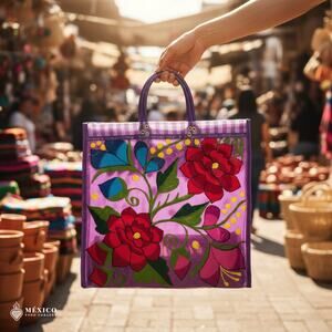 One Side Embroidered Mexican Mercado Tote Bag – Plastic Woven Market Style